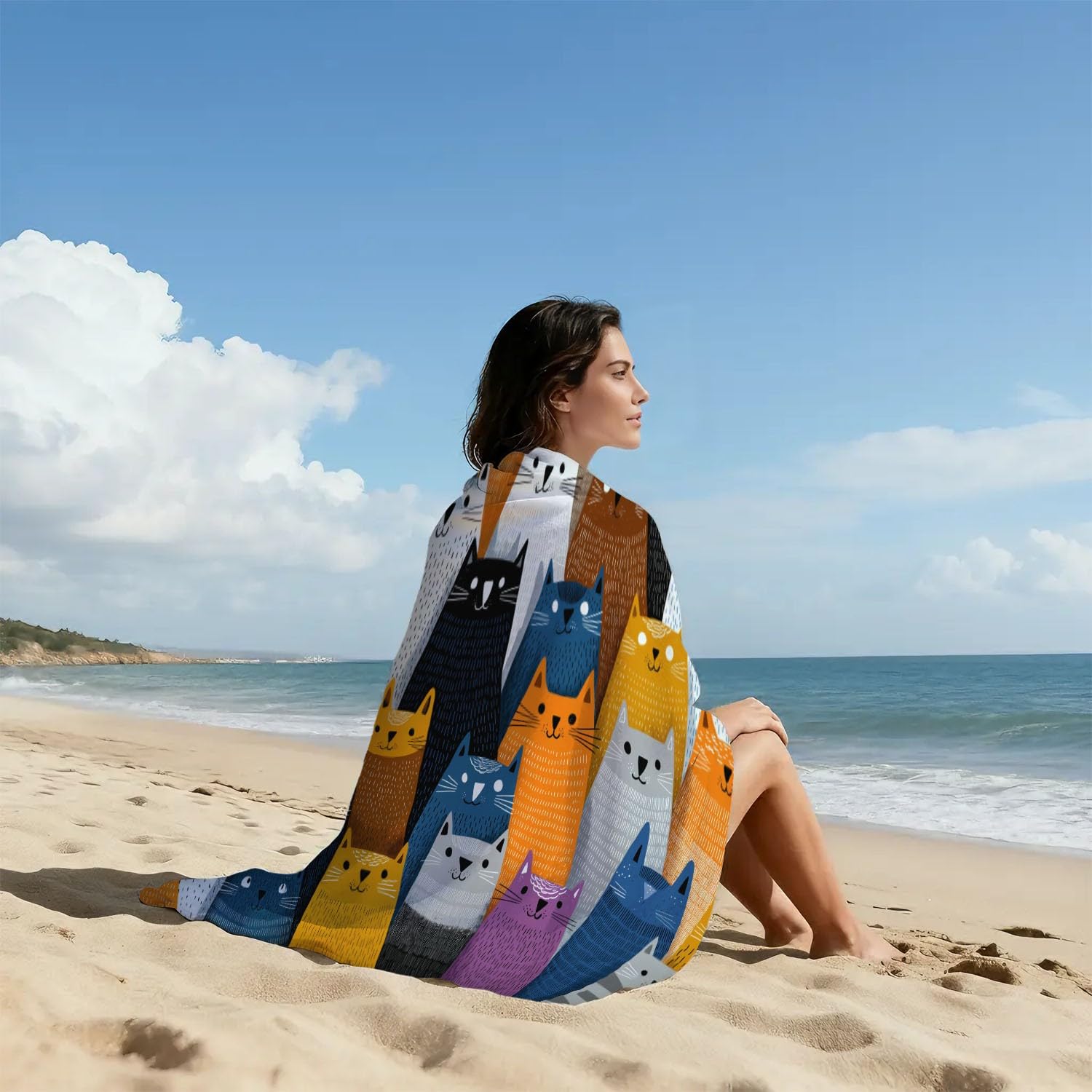 Générique Grande Serviette de Plage 230 x 210 CM,Drap de Plage Microfibre,Couverture de Plage Absorbante Rapide pour Fantaisiste, Cartoon Motifs, Épuré, Chats Rigolos Cartoon, sans Couture