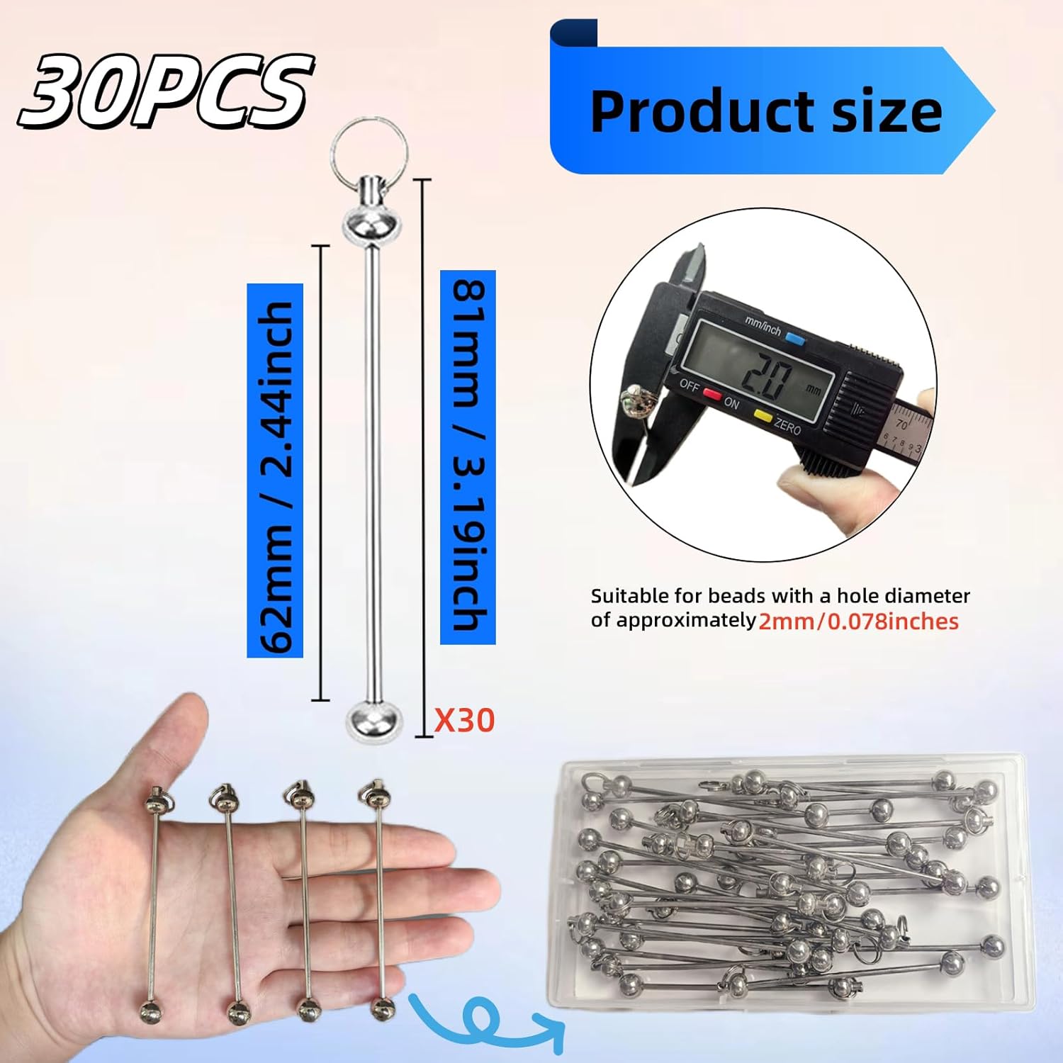 30pcs Beadable Keychains DIY Set, Metal Sliver Blank Keychains Bars Charmful Beaded Keychain Pendant Making Kit for Pendant DIY Crafts Jewelry Making - Image 3