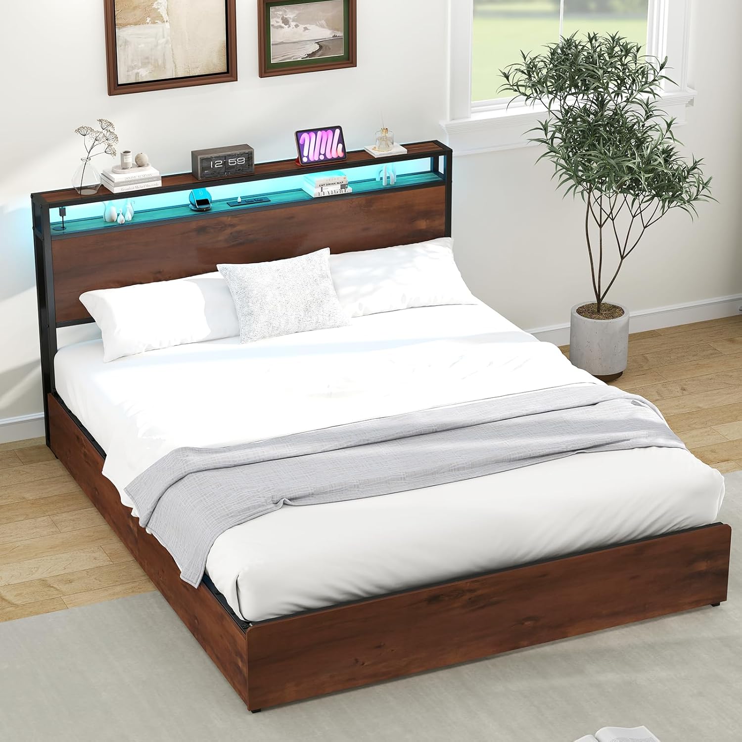 Kiivakii Full Size Bed Frame with 4 Storage Drawers, LED Platform Bed with Headboard, Built in Charging Station, Noise-Free, Metal Support Base, No Box Spring Needed, Red Brown