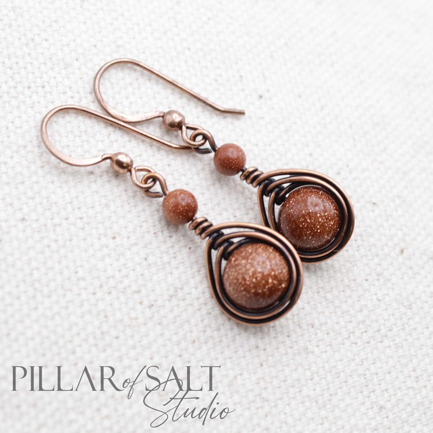 Pillar of Salt Studio Handcrafted Solid Copper Earrings with Brown Goldstone Glass (Antiqued Copper, 1" drop)