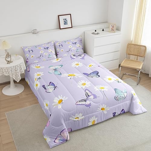 Miniatura 7 de Manfei Juego de edredón morado tamaño individual, juego de ropa de cama con flores de margarita y mariposas de 2 piezas para decoración de
