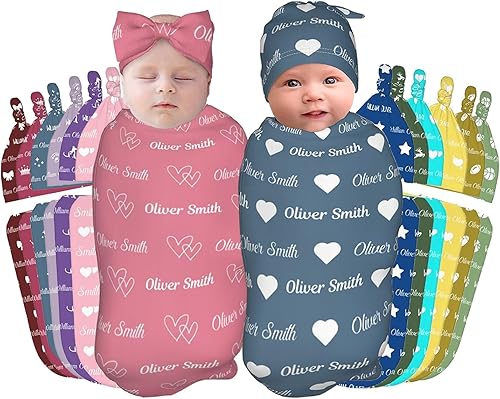 Darabit Mantas y sombrero personalizados para niño y niña con nombre inicial, manta personalizada para envolver al bebé, regalos personalizados para
