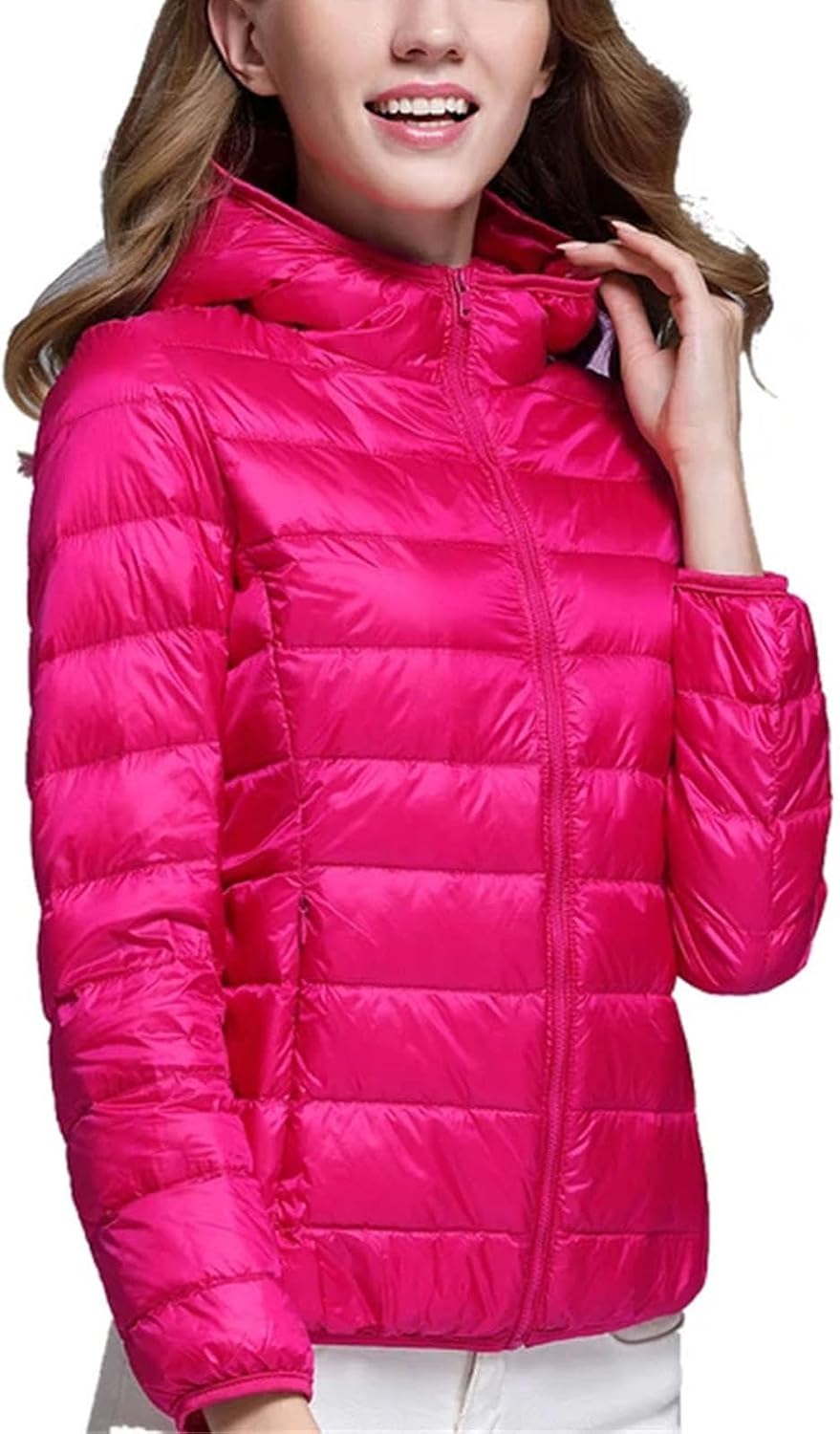 Womens White Duck Down Jacket Ultra Light Slim Fit Long Sleeve Hooded Candy Color Parka
