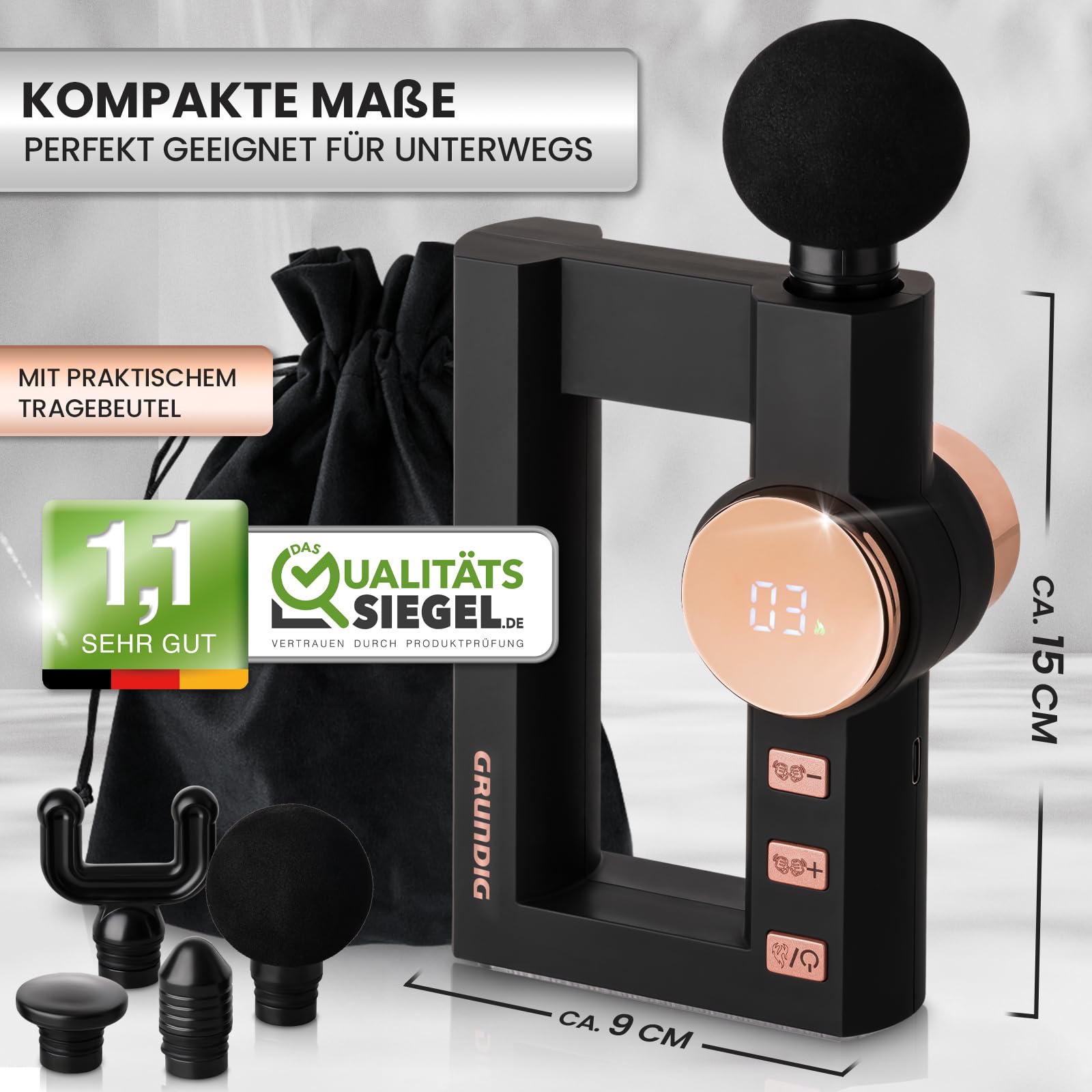 GRUNDIG Massagepistole Massagegerät mit TIEFENWÄRME - kompakte Akku Massage Pistole mit 4 Heizstufen und 32 Massagestufen für Zuhause, Büro und Unterwegs - Massage Gun für Rücken Nacken Schulter