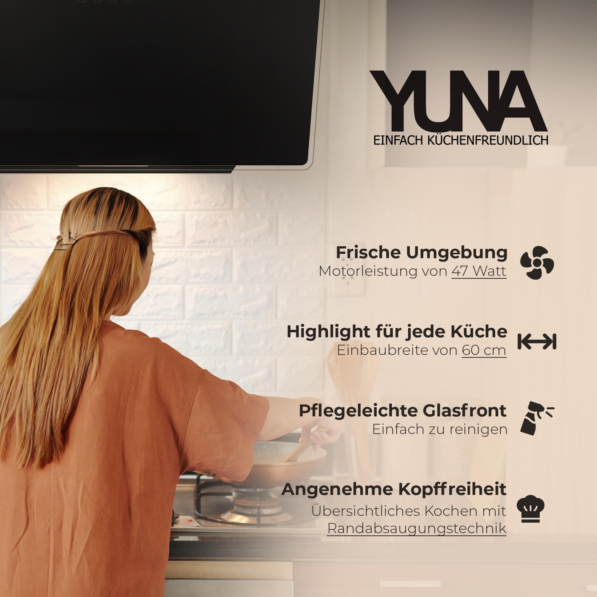 YUNA Dunstabzugshaube DUANA 60 cm Schwarz Glasfront 3 Leistungsstufen Abluft Umluft Kopffrei LED Beleuchtung Ohne Kohlefilter