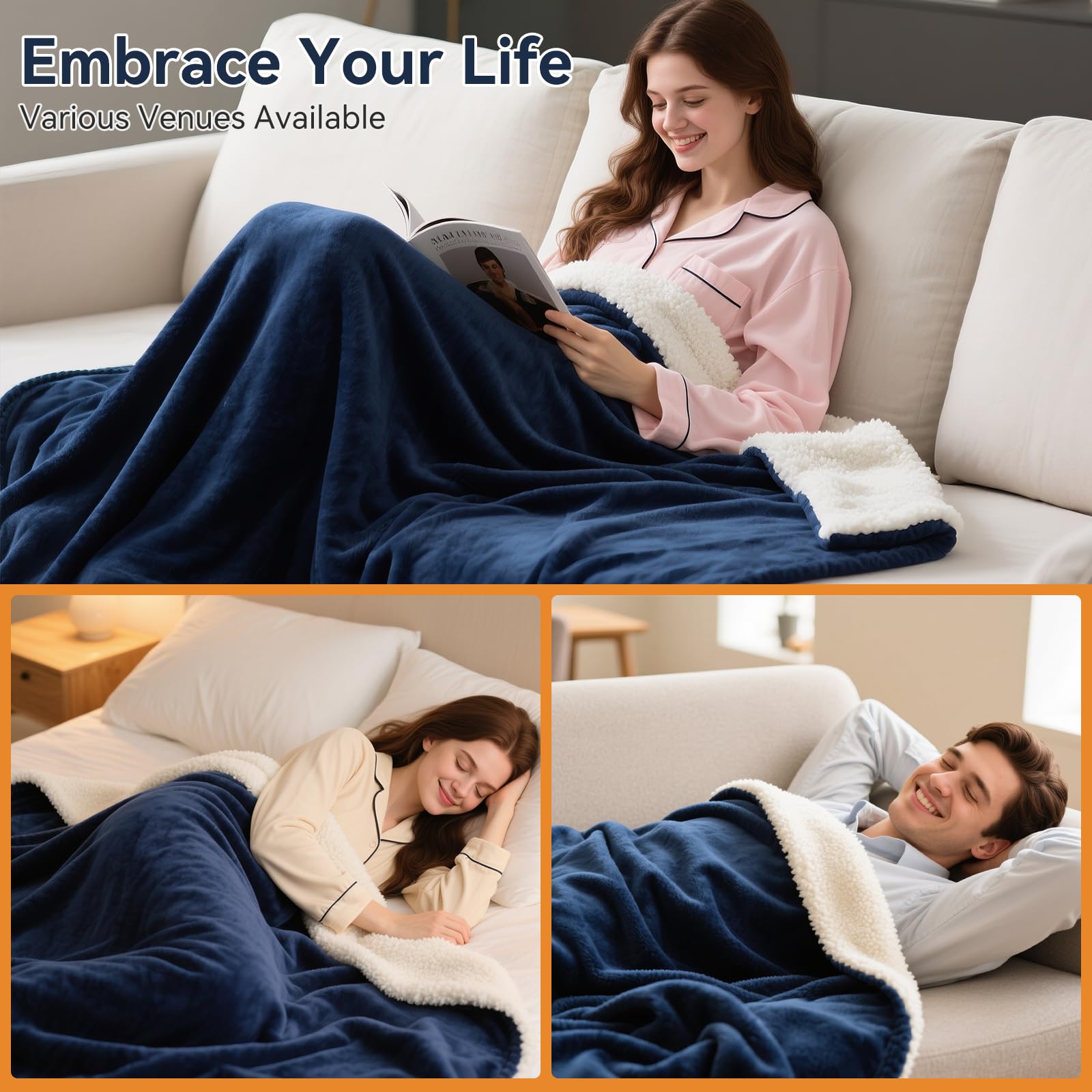 Qoosea Mantita Eléctrica 130x160cm Manta Eléctrica de Franela con 9 Niveles de Calor y 10 Horas de Apagado Automático, Lavable a Máquina Manta de Calefacción Rápido para Cama Sofá Oficina, Azul Marino