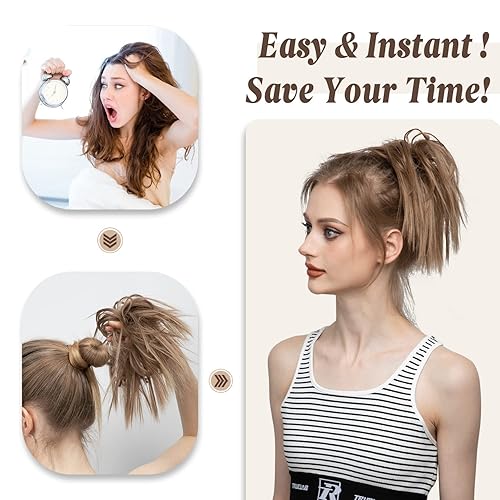 Miniatura 6 de CJL HAIR Tousled Updo - Extensiones de cabello sintético sintético liso y rizado para coleta, para mujeres y niñas (castaño rojizo mediorubio ceniza)