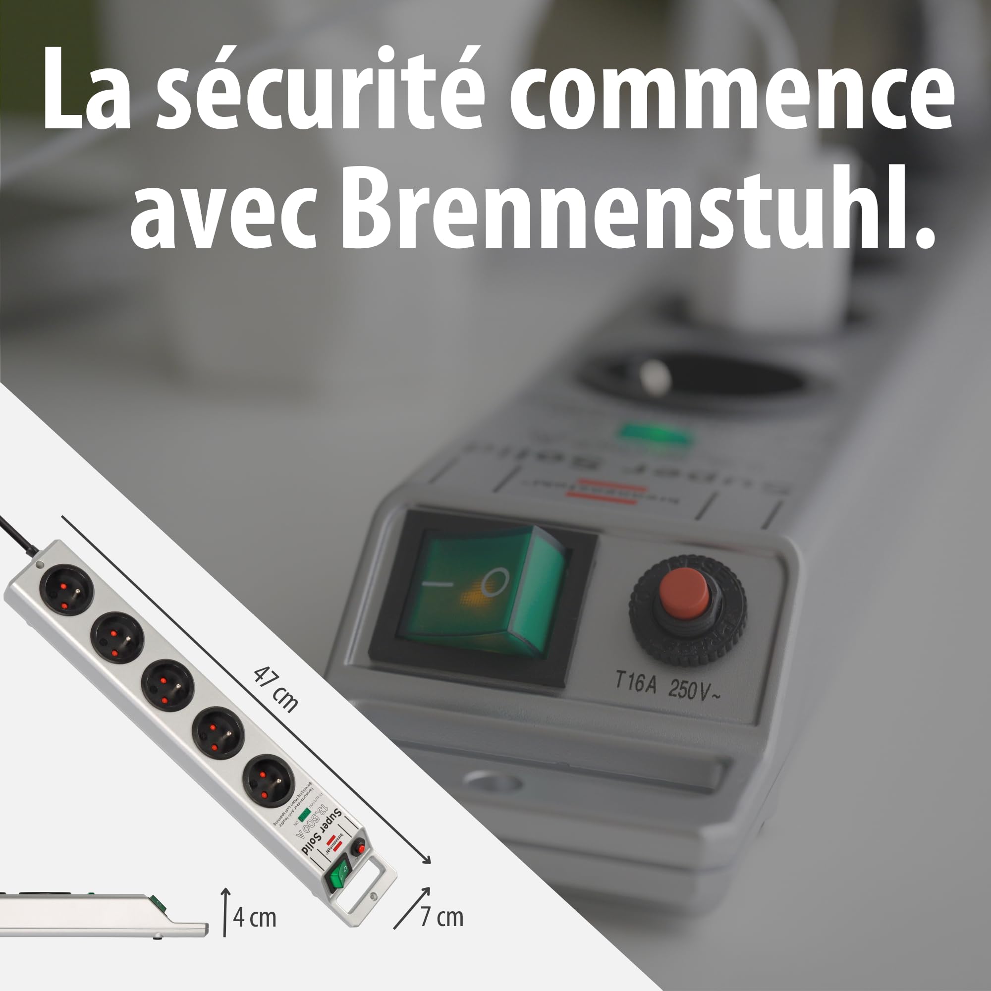 Brennenstuhl Multiprise Super-Solid avec Interrupteur et parasurtenseur 13500A (Bloc Prises orientées à 45 degrés, disjoncteur 16A, Voyant de Protection antifoudre, 2,5m H05VV-F, boîtier PC) Gris