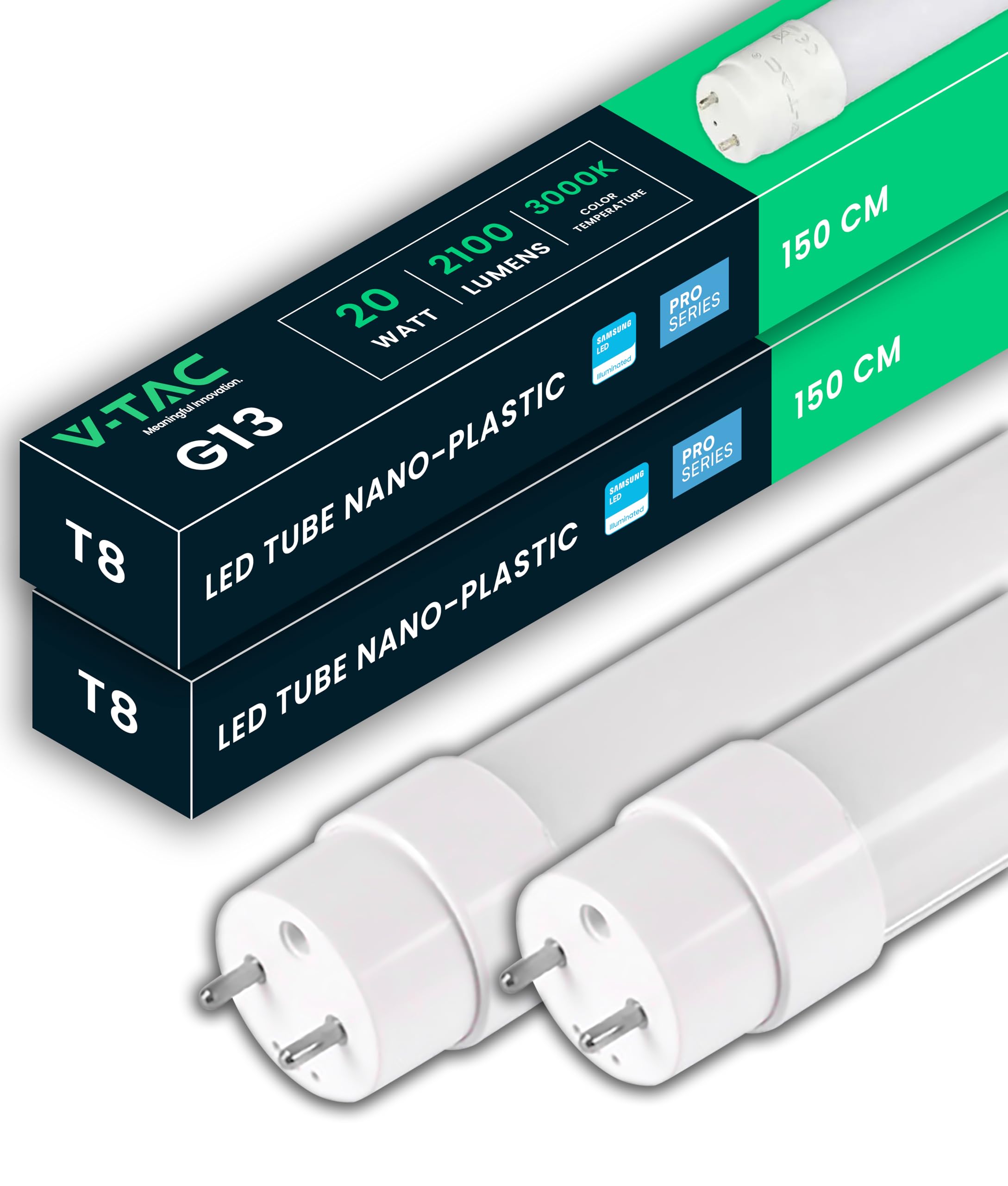 V-TAC LED 2x tube 150 cm - T8 - G13 socket 20W - 2100 lumens - Samsung chip - LED tubes for ceiling, wall, garage, shop - T8 tube - replacement for neon tubes - light 3000K warm white