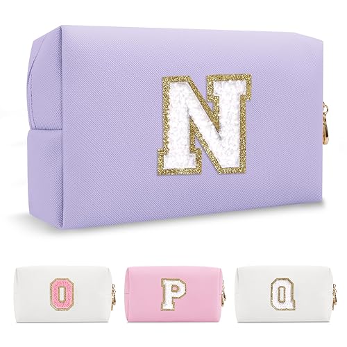 Miniatura 102 de Bolsa de maquillaje personalizada con inicial A-Z Preppy Patch, pequeña bolsa de cosméticos de PU con letra de chenilla y cierre para niñas Negro