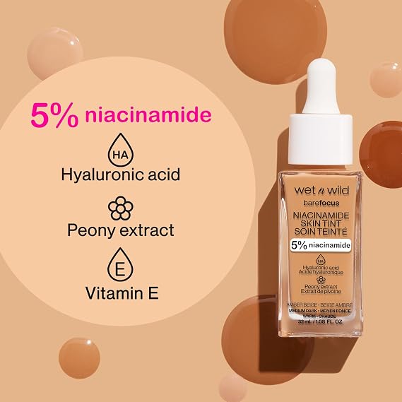 wet n wild Bare Focus Skin Tint, 5% Niacinamide Enriched, Buildable Sheer Lightweight Coverage, Natural Radiant Finish, Hyaluronic & Vitamin Hydration Boost, Cruelty-Free & Vegan - Amber Beige