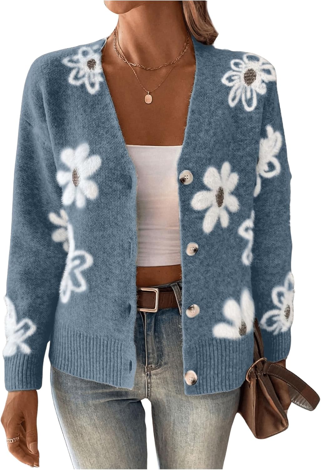 SHENHE Women's Floral Cardigan Sweater Open Front Long Sleeve Button Down Knit Sweater Outerwear - Image 5