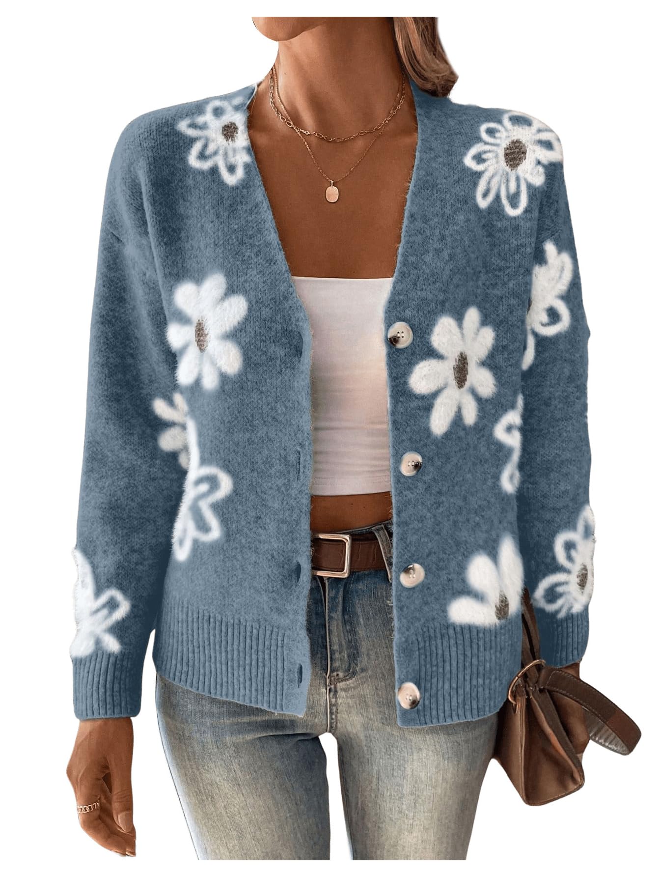 SHENHE Women's Floral Cardigan Sweater Open Front Long Sleeve Button Down Knit Sweater Outerwear