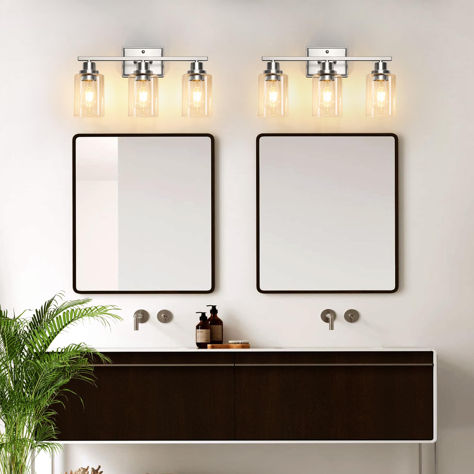 Condition photo showing As Is for Unicozin 3 Light Bathroom Light Fixtures, Modern Vanity Lights Over Mirror, Brushed Nickel Wall Lamp with Clear Glass for Living Room Cabinet Bedroom Porch