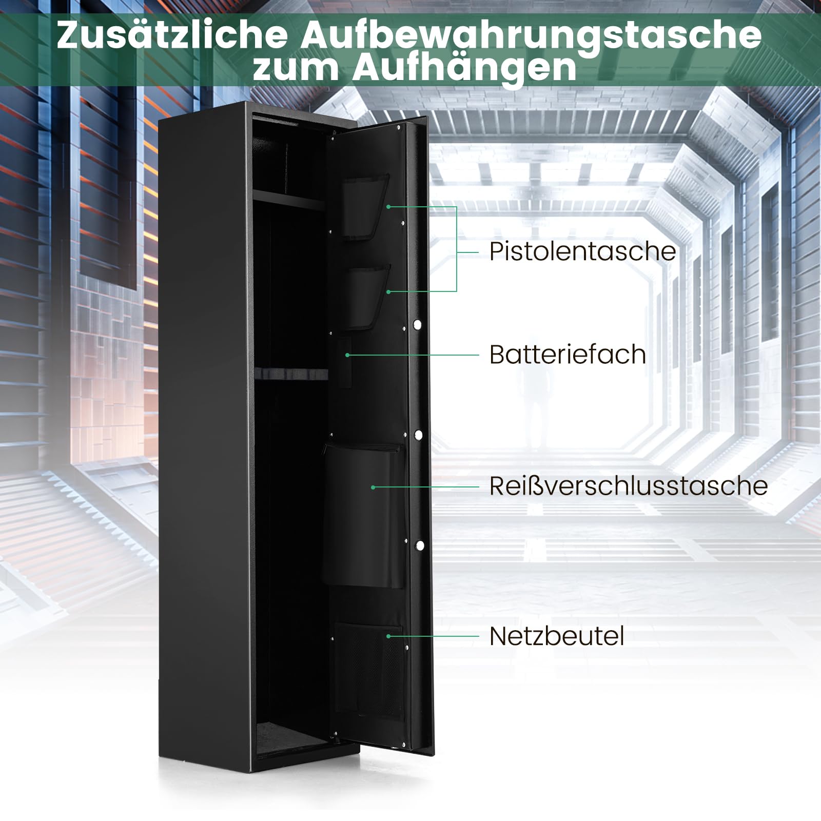 COSTWAY Waffenschrank für 5 Gewehre, Waffentresor verstellbar mit Elektronikschloss, Fingerabdruck, Munitionsschrank aus Stahl mit Pistolenfächern, Taschen, Langwaffenschrank für Pistolen, Munition