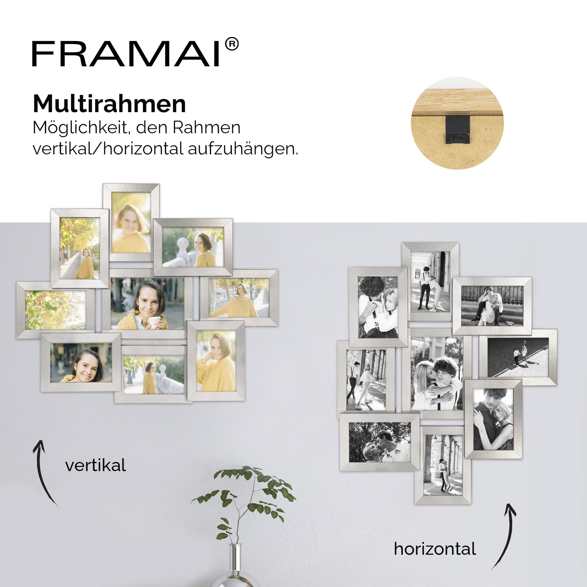 Multirahmen für 9 Fotos – Bilderrahmen Collage aus MDF Holz mit bruchsicherem Plexi – Modern & vielseitig – Hergestellt in der EU – Silber
