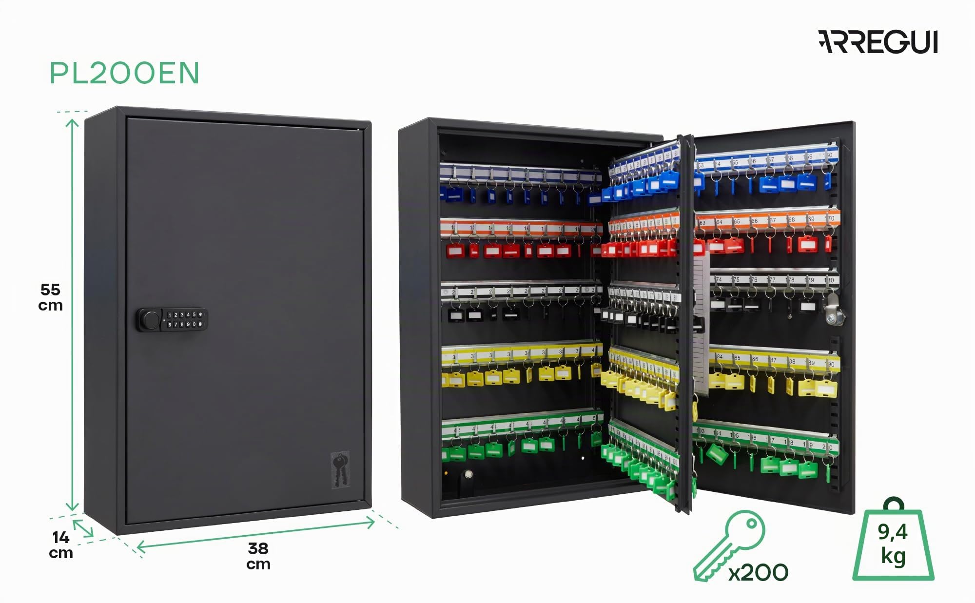 Arregui PL200EN Armario de Llaves con 200 Ganchos Regulables en Altura | Caja de Seguridad de Acero para 200 Llaves | con Cerradura Electrónica IP65 cón Códigos Programables | 55 x 38 x 14 cm | Negro