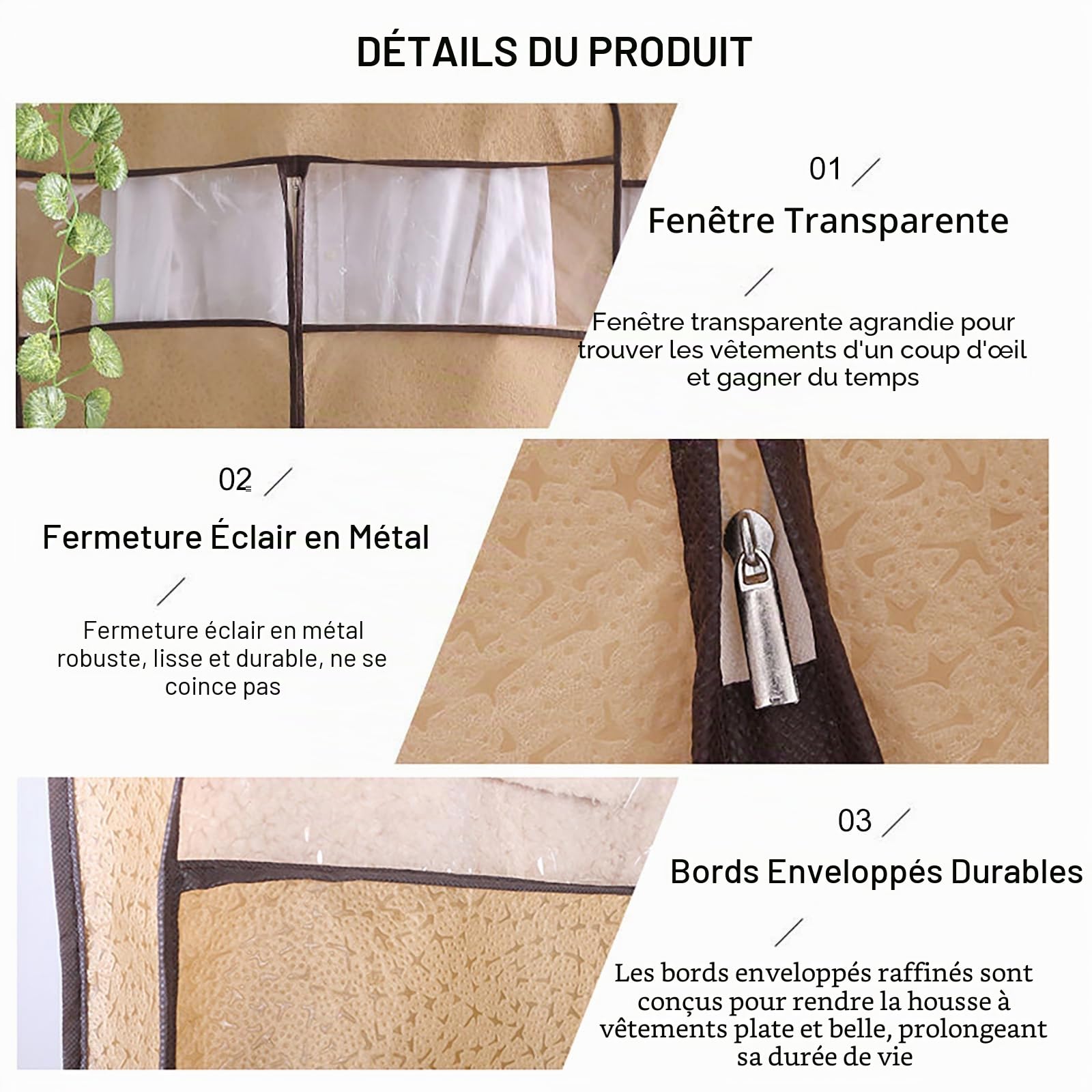 Lot de 3 Housses Respirantes pour Vêtements - Penderie & Voyage - Protections Anti-Poussière en Non-Tissé pour Manteaux/Robes/Fourrures (Système Suspension Intégré)(Size:128cm/50.4in,Color:Brown)
