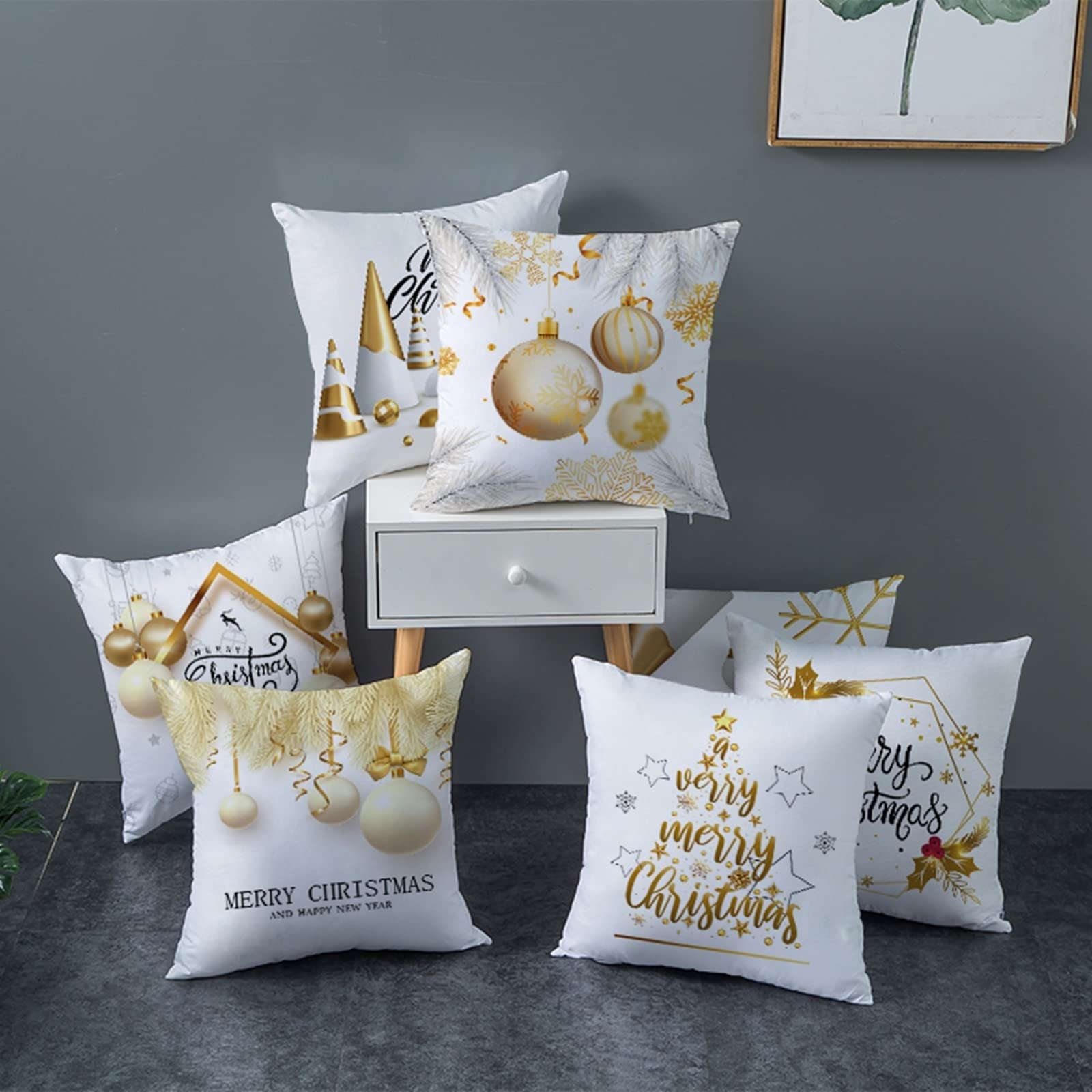 AMDXD Juego de 4 fundas de cojín navideñas de 50 x 50 cm, fundas de cojín decorativas con diseño de árbol de Navidad, estrellas, en poliéster, para sofá, dormitorio, decoración, negro, dorado, blanco,