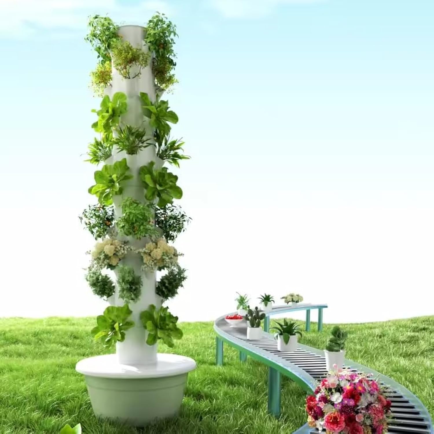 TIRUSS Vertical Hydroponic Grow Tower Aeroponic Tower for Fruits and Vegetables 9Layer 36Pots Planter with Water Tank and Pump