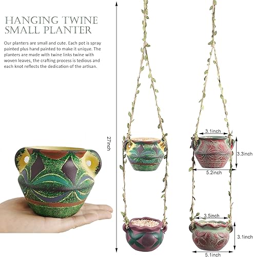Miniatura 2 de Macetas colgantes de cerámica bohemia de 4 piezas con agujeros de drenaje, adorables macetas para suculentas para interiores y exteriores,