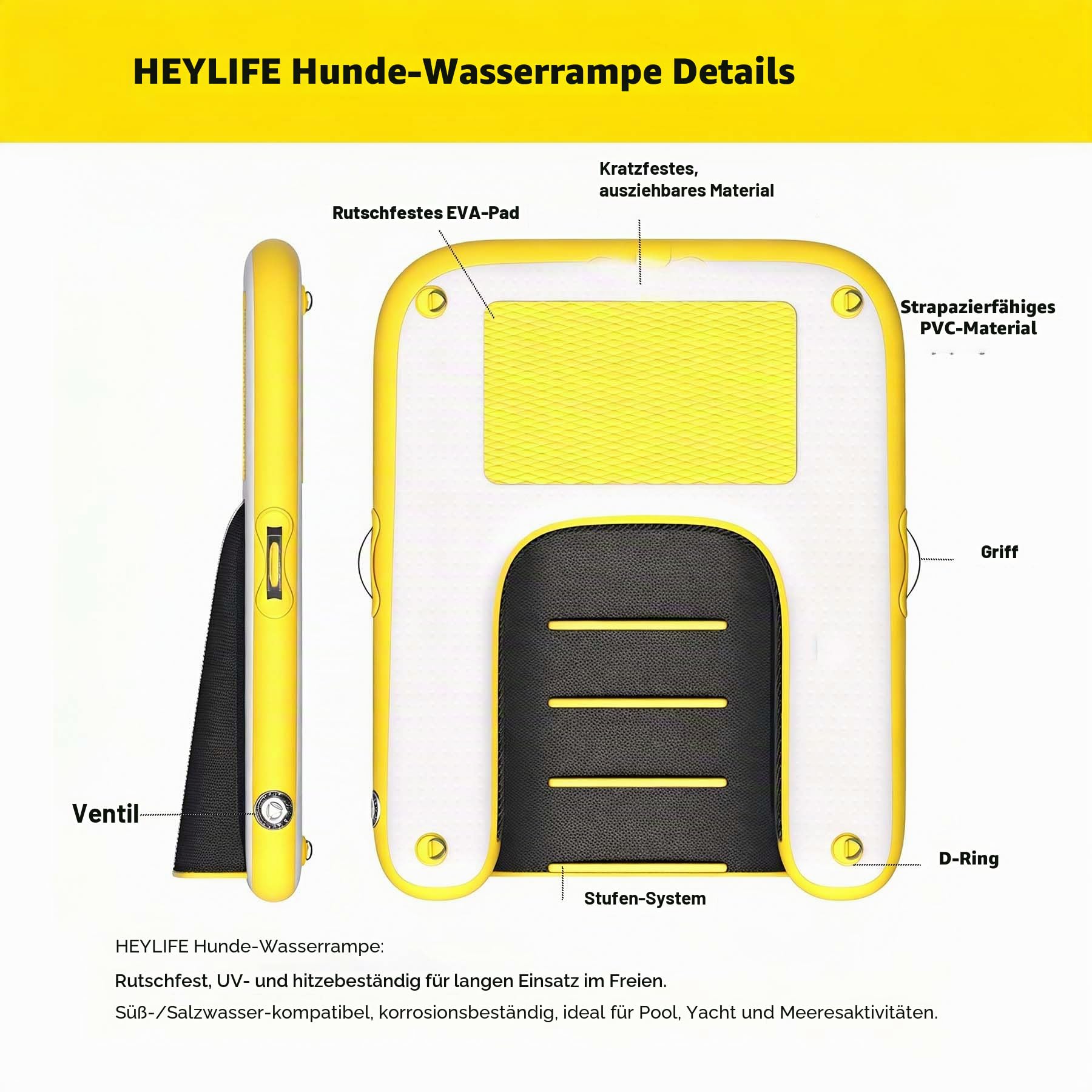 HEYLIFE Aufblasbare Hunde Wasserrampe bis 82 kg Schwimmend Pool See Gelb | Hunderampen UV & Salzwasserfest 120×90×10 (cm) Rutschfeste kratzfeste EVA-Auflage Doppelhub-Handpumpe & Zubehörset