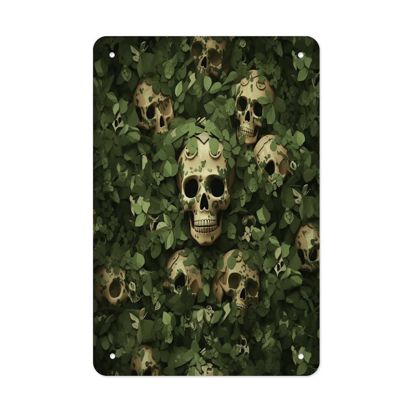 LDGSUPH Green Background Skull And Leaves Wall Art Prints Folded Edge Iron Sheet Painting with Holes for Wall Prints Decorative Picture Metal Signboard Decor Painting for Outdoor Indoor Wall Decor