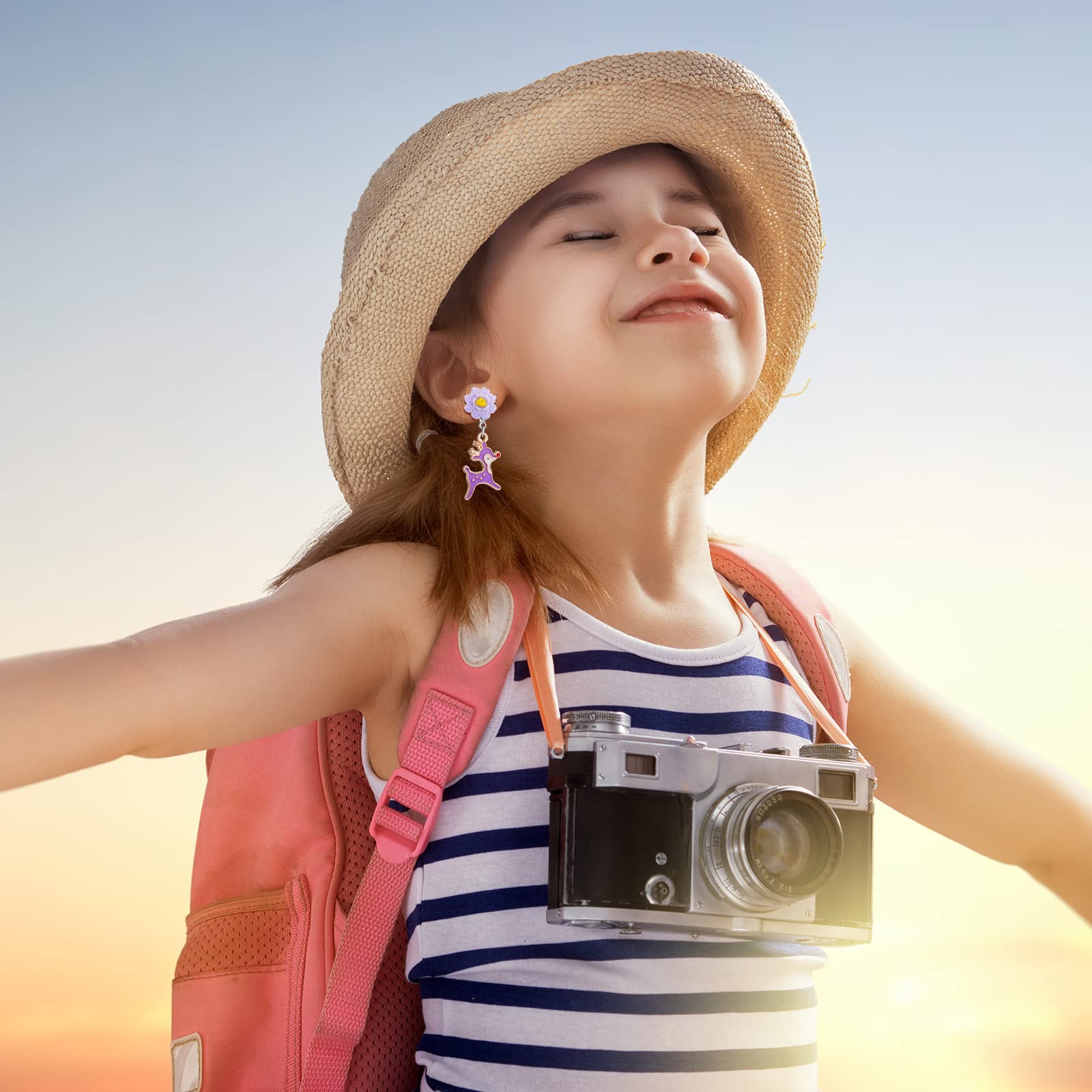 20 Pairs Cartoon Clip On Earrings for Girls Kids, Adjustable U-Shaped Non-Piercing Ear Clips, Lightweight Plastic Flower/Mushroom Designs (Pumpkin, Shell with Pearl) for Sensitive Ears & Daily Gifts