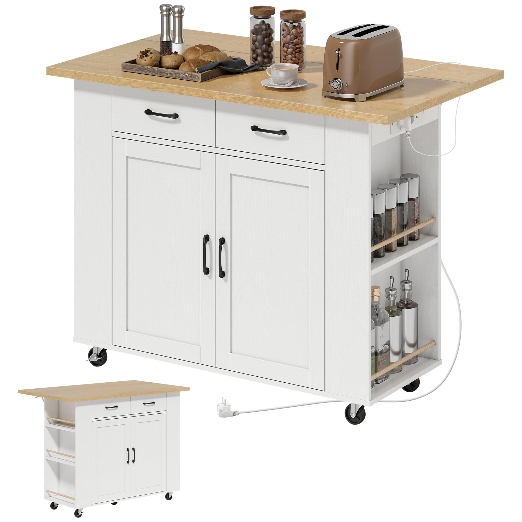 HOMCOM Îlot de Cuisine avec Station de Charge, Chariot de Cuisine à roulettes avec Plan de Travail Rabattable, Racks à Épices, 2 Tiroirs et Étagère Réglable, pour Cuisine et Salle à Manger, Blanc