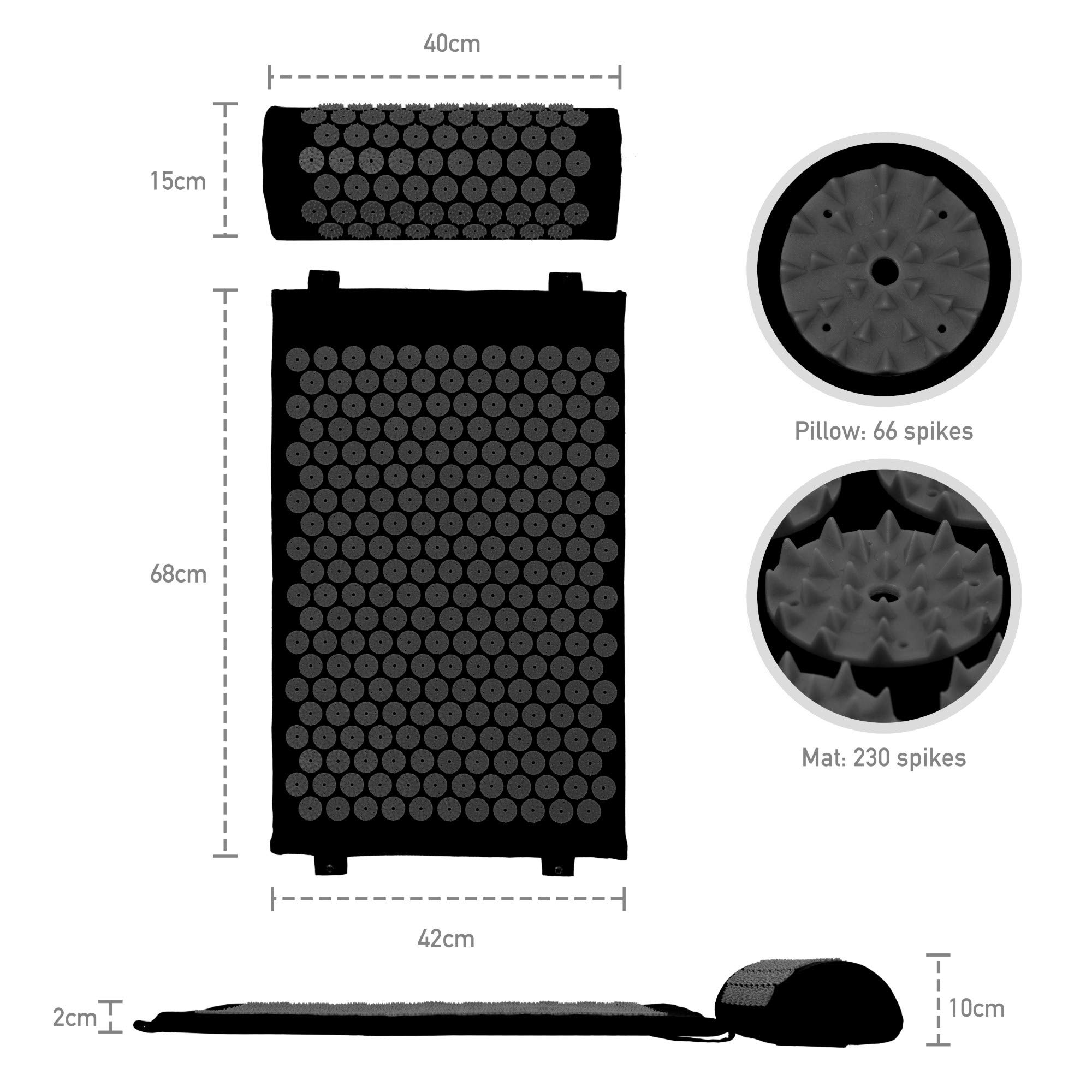 Set de Tapis et Coussin d’Acupuncture | Ensemble D’Acupression | Tapis de Massage à Domicile avec Poignées de Transport | Noir