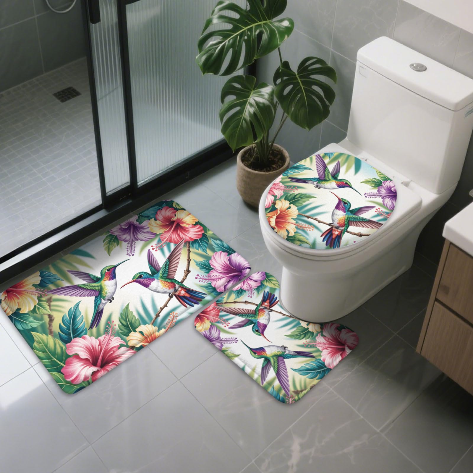 peacoblue Ensemble de Tapis de Bain 3 Pièces Style Colibri avec Fleurs, Tapis de Salle de Bain Antidérapant et Lavable, Tapis de Sol avec Housse de Couvercle de WC pour Toilettes