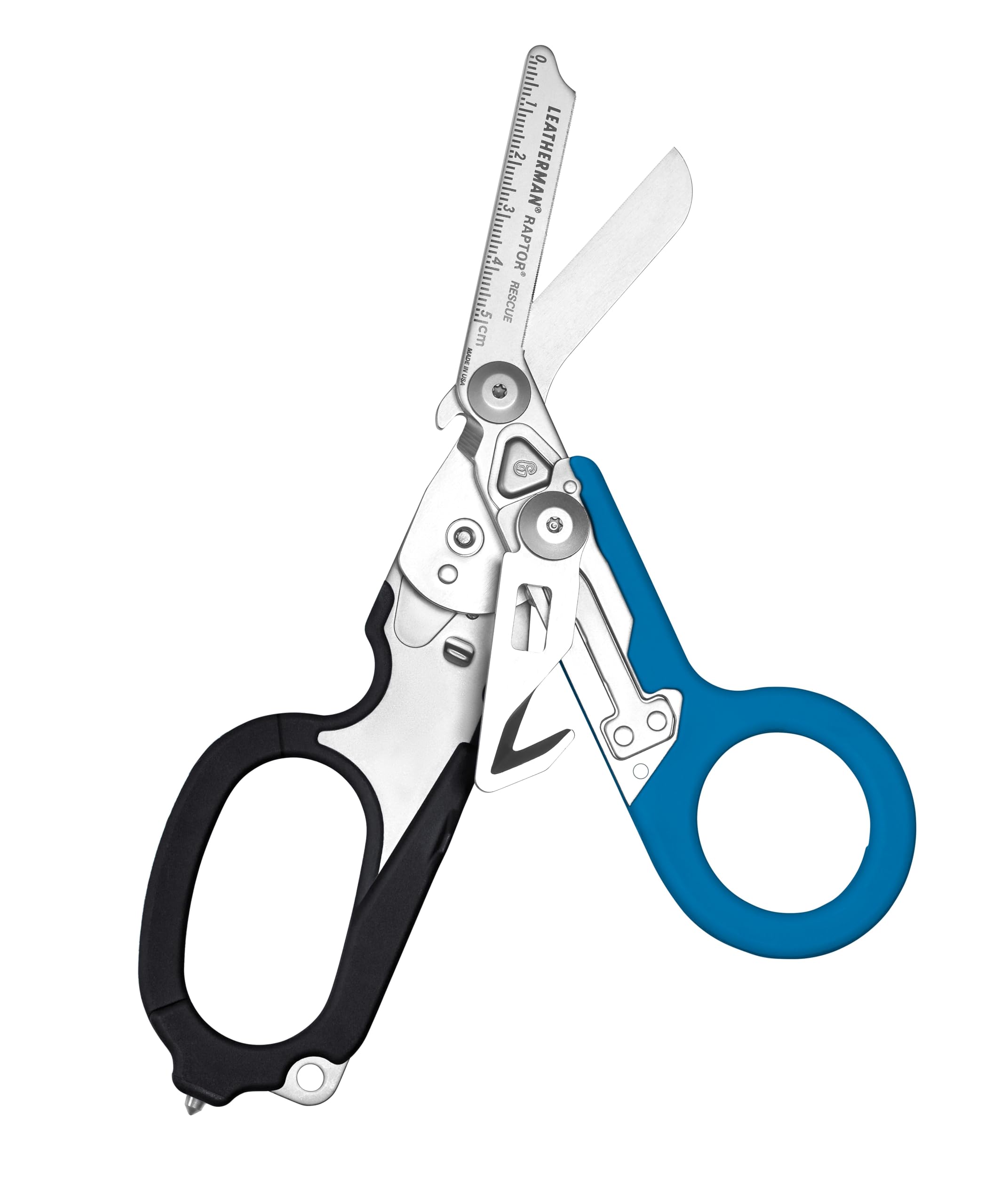 Leatherman Raptor Rescue - Cizalla Plegable de Emergencia con Corta Correas y Rompe Cristales - Tijera de Emergencia Médica, Negra/Azul con Funda Multiusos