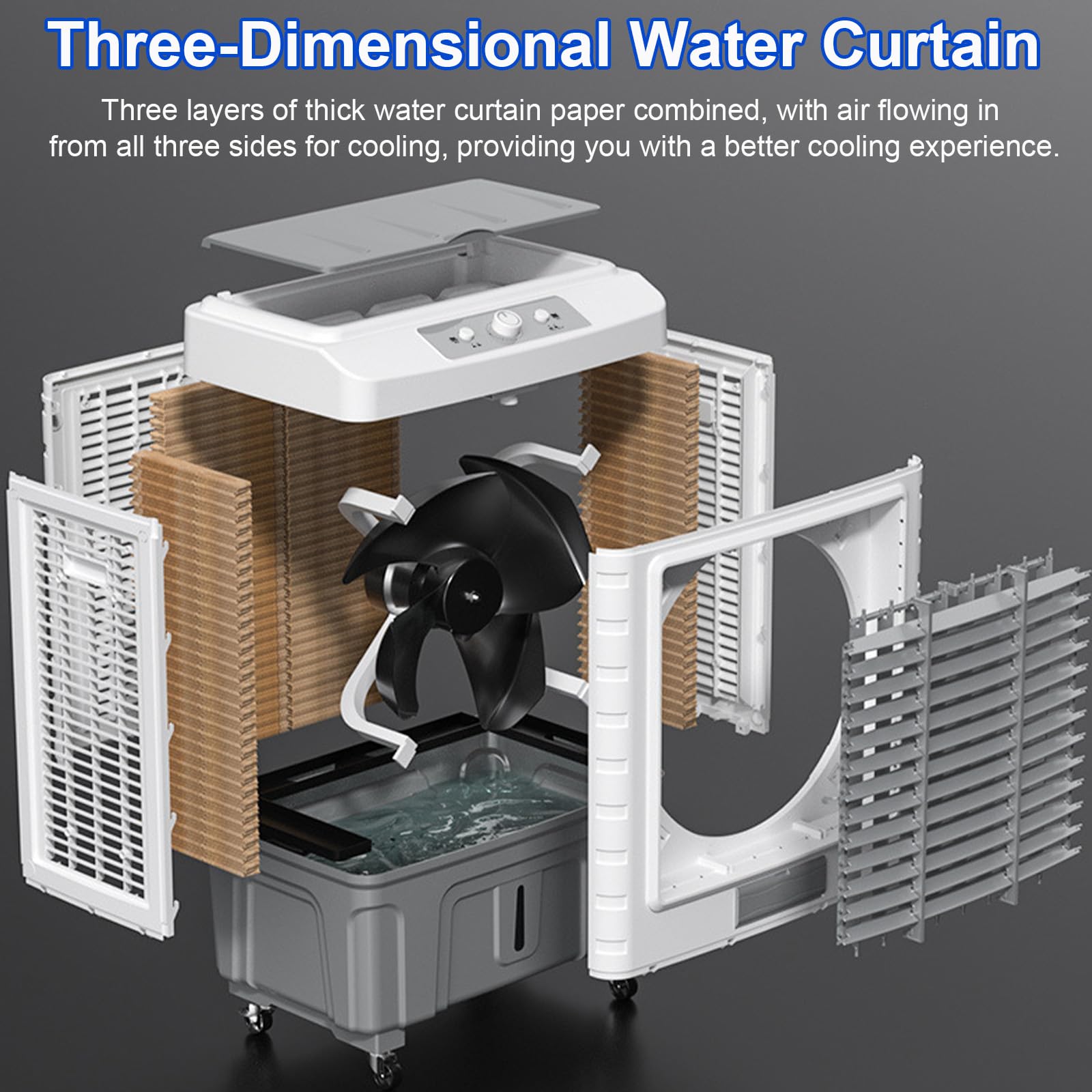 Enfriador de aire evaporativo industrial comercial de 3 velocidades, portátil, oscilación automática de 120°, tanque de gran capacidad para el hogar, oficina, tienda, solución de refrigeración