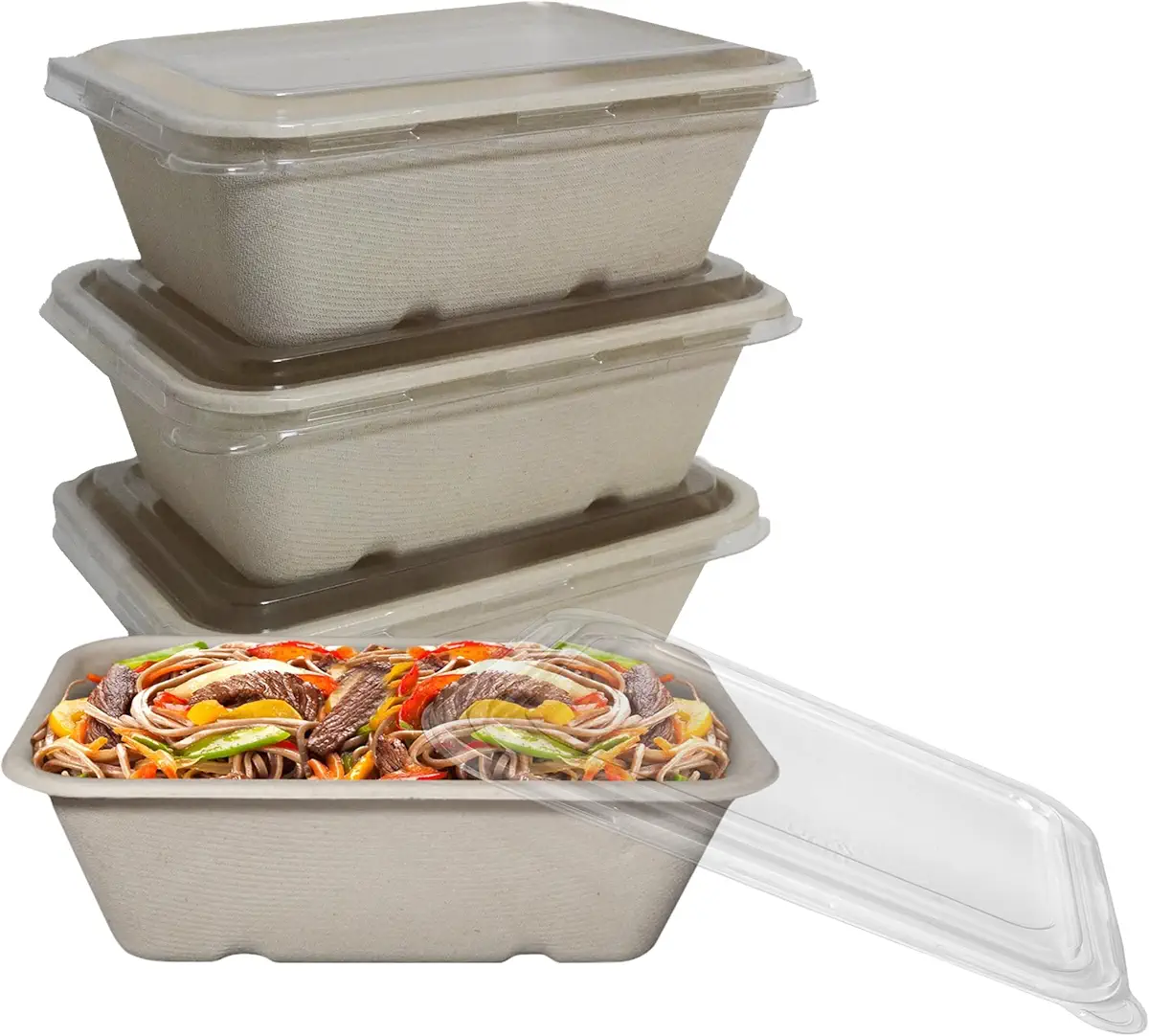 EcoQuality 24oz Disposable Bowls with Clear Lids - Rectangular Compostable Sugarcane Fiber Biodegradable Paper Bowls Eco-Friendly Take Out Food Storage Containers, Microwave Safe, Meal Prep (25 PACK)