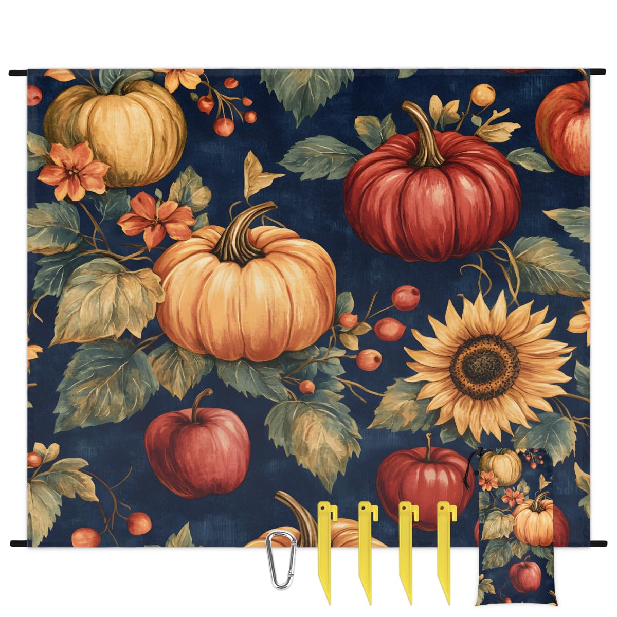 Eabrults Waterproof Sandproof Beach Blanket, 59''×68'' Vintage Pumpkin Polyester Outdoor Picnic Blanket with 4 Stakes & Storage Bag for Beach,Camping,Vacation Food