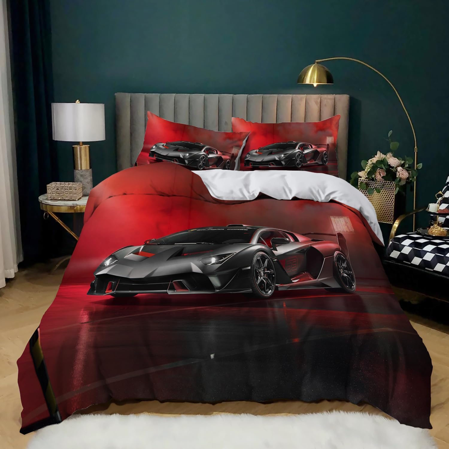 CXYXHW Beddengoedset met racewagen voor jongens, sportwagen, dekbedovertrek, extreem sportthema, beddengoedset voor kinderen met ritssluiting en 2 kussenslopen (racewagen 2, 220 x 240 cm