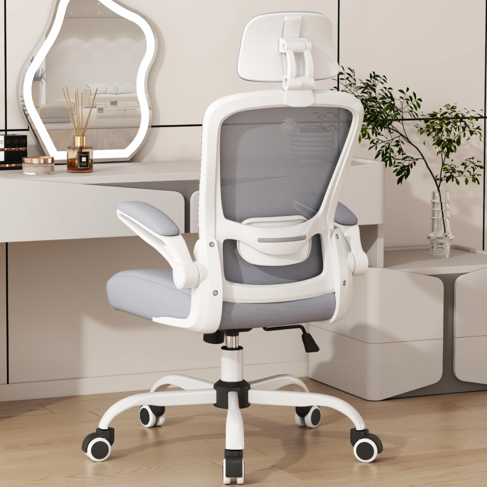 Mimoglad Office Chair  Comfy Desk Chair - High Back Ergonomic Computer Chair with Adjustable Lumbar Support & Headrest  Flip-up Armrests for Guitar Playing (Moon Grey)