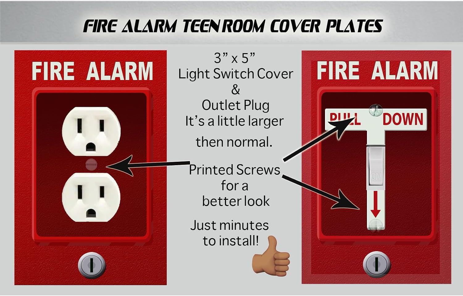Fire Alarm Novelty Room Decor Light Switch & Out Plug Man Cave, Teen Bedroom Wall Decoration