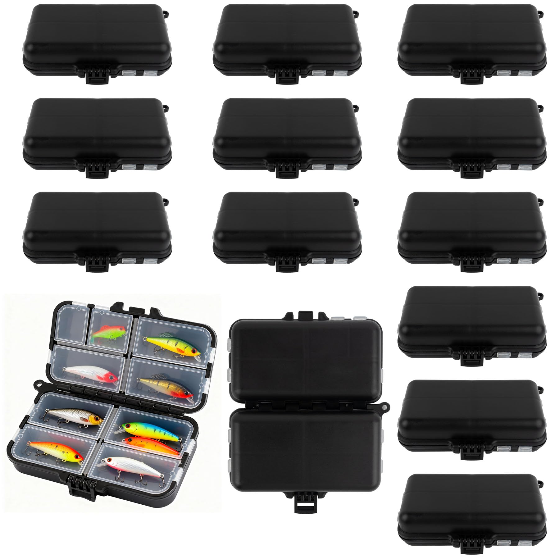Framendino, 12 Pack Black Plastic Storage Containers Small Bobby Pin Case Jewelry Trays Cheer Bow Boxes Bait Box Fishing Organizer