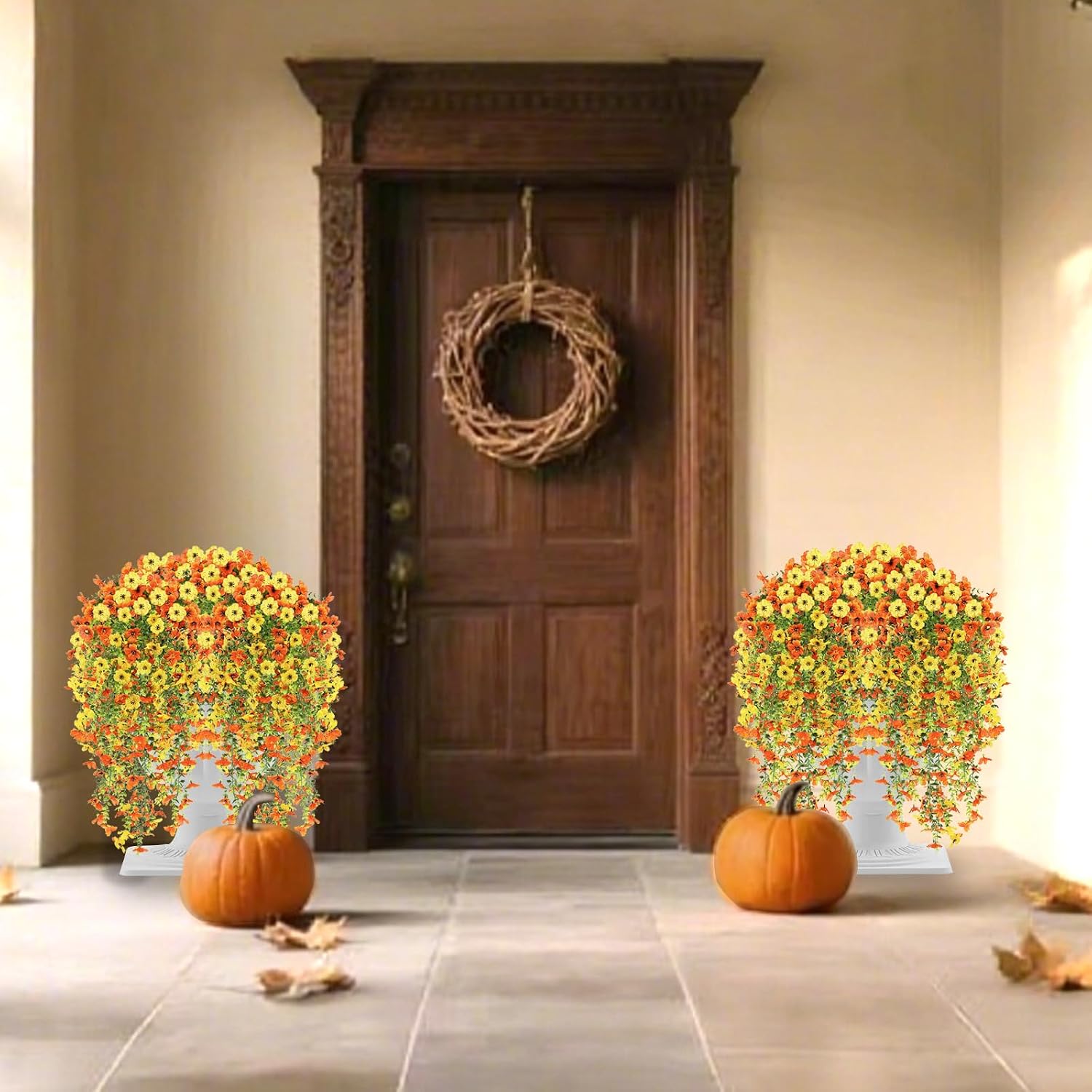 4PCS Artificial Hanging Flowers for Outdoors Summer Decoration, Upgrade UV Resistant Faux Silk Hanging Plants for Outside Home Planter Porch Patio Decor (Orange&Yellow) image 5