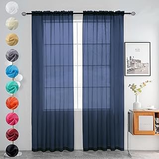youleyar Solid Sheer Rod Pocket Curtain Voile Draperies 2 Panels White Beige Black Grey Coffee 52 Inch Width 84 Inch Long 1 Pair for Kitchen Bedroom Children Living Room Yard (Navy,52Wｘ84L) - Buy now