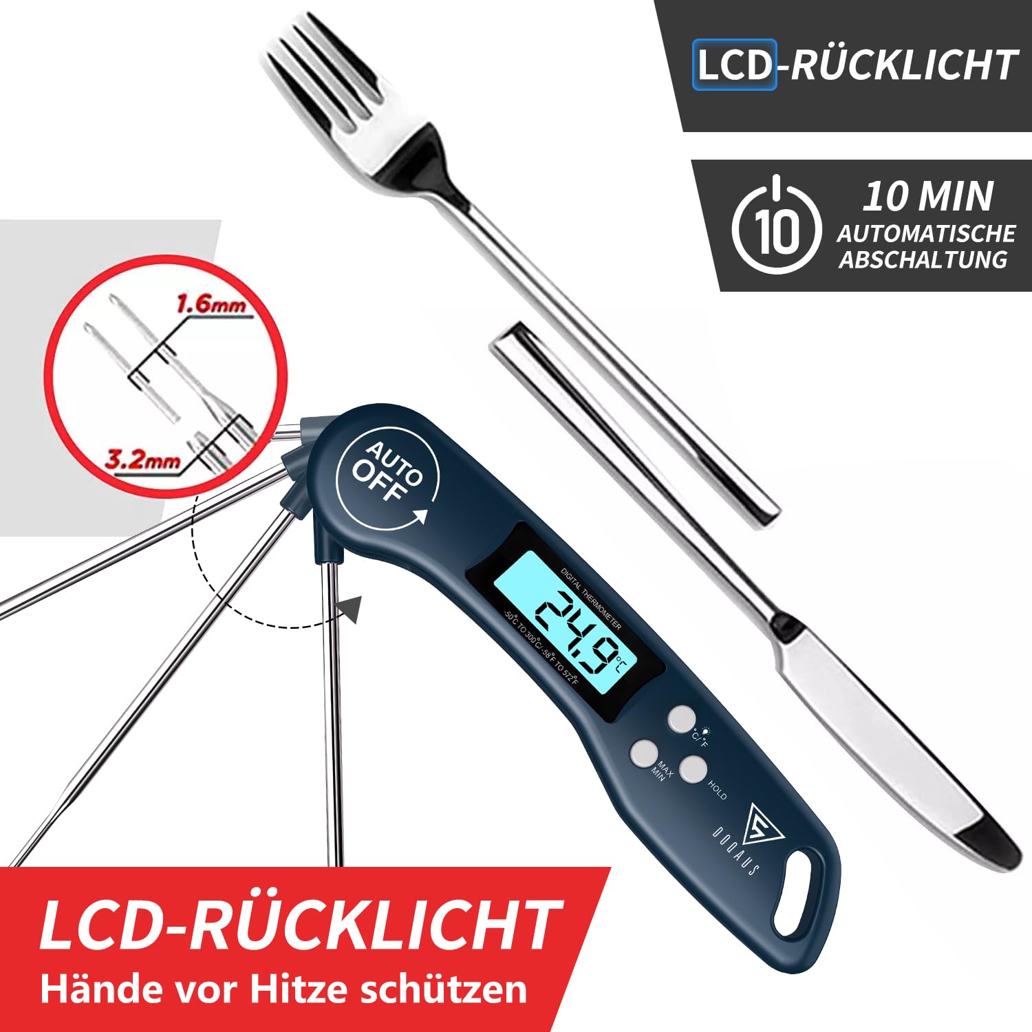 DOQAUS Grillthermometer Fleischthermometer Küchenthermometer Bratenthermometer Kochthermometer mit 3s Sofortiges Auslesen, LCD Bildschirm und Lange Sonde, für Kochen, BBQ…