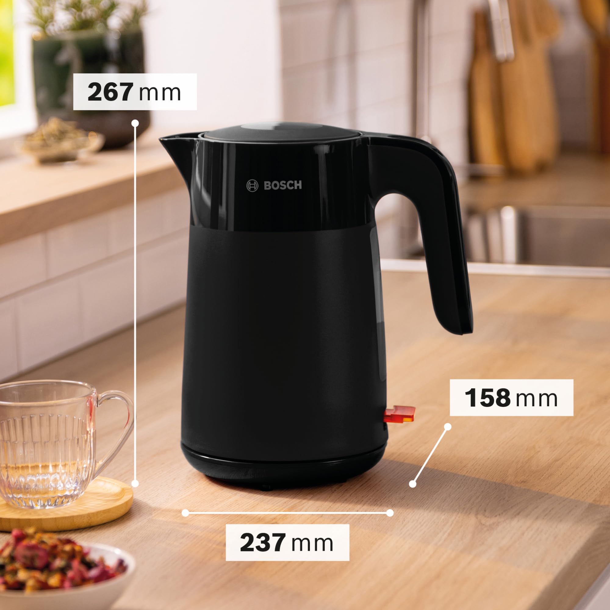 Bosch kabelloser Wasserkocher MyMoment TWK2M163, Abschaltautomatik, Überhitzungsschutz, Tassenanzeige, entnehmbarer Kalkfilter, Trockengehschutz, Dampfstopp-Automatik, 1,7 L, 2400 W, Schwarz matt
