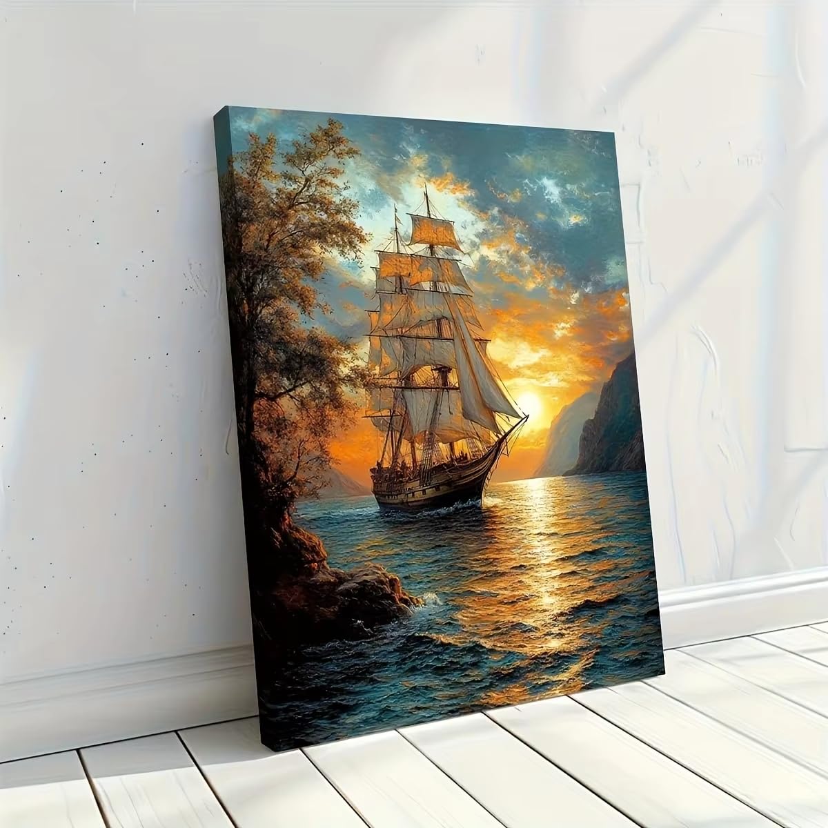 awtrhfc Canvas Poster Nautical Sailing Ship Sunset Wall Art with Golden Sunset & Ocean Waves, Coastal Decor for Living Room(30x40cm(12x16in)/No frame)