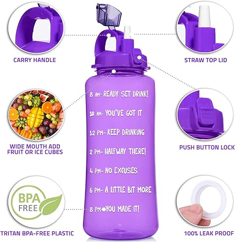 Miniatura 3 de HydroMATE - Botella de agua motivacional de 3 litros con marcador de tiempo, jarra grande sin BPA con popote y asa, reutilizable, a prueba de fugas,