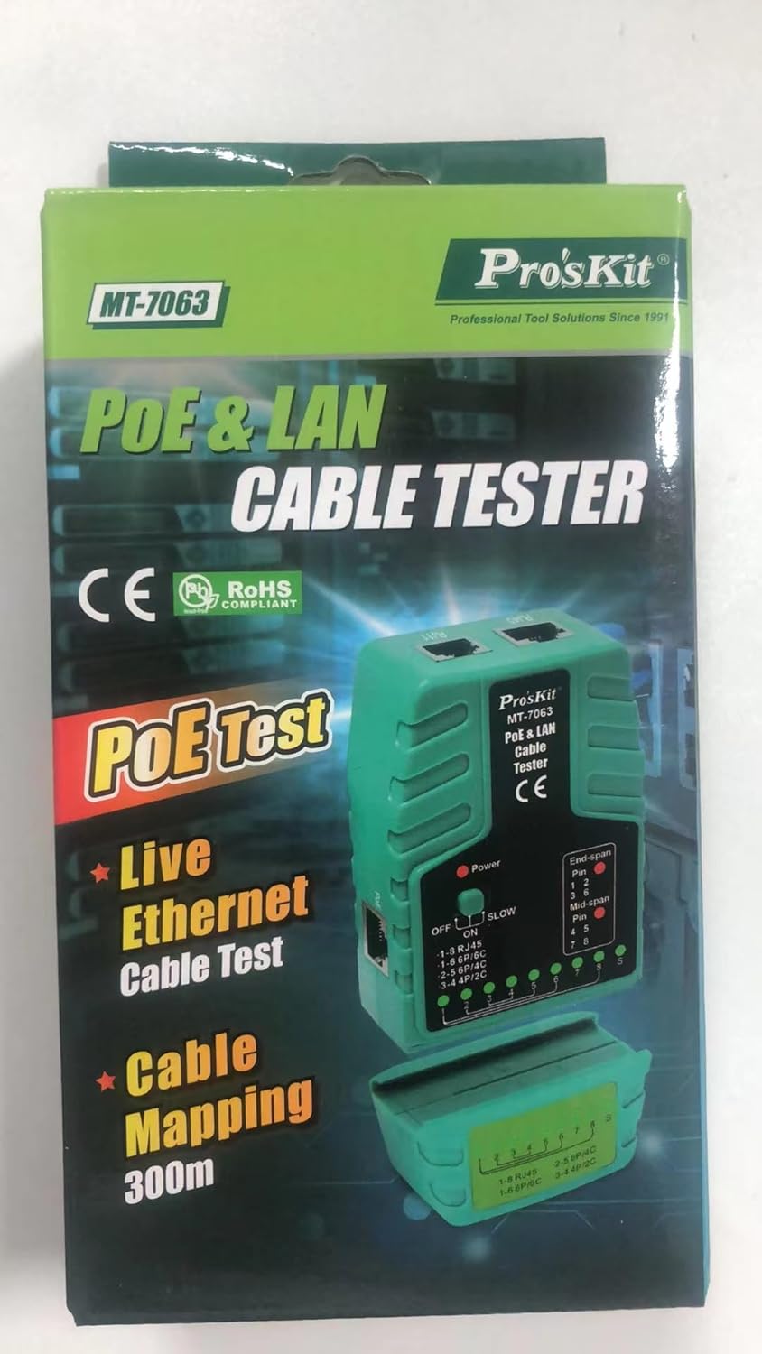 Pro'sKit Tool Solutions MT-7063 PoE & LAN Cable TesterPoE Tester-Midspan/Endspan Cable Tester-RJ11/RJ12/RJ45 Ideal for Testing The Live Ethernet Cables and determining Continuity(MT-7063)