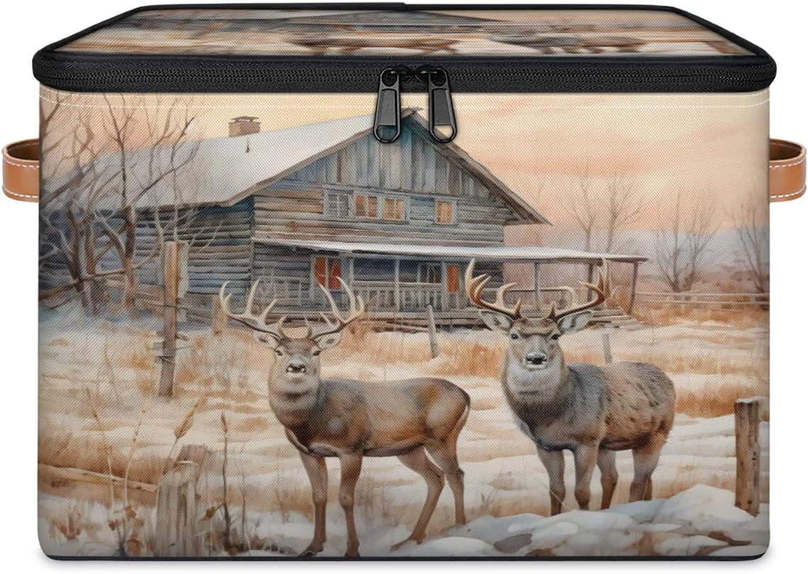 Storage Bin Set of 2 Wild House Deer Storage Basket with Zipper Lid & Handle Foldable Closet Shelf 2 Pack Cloth Organizer Basket Cube Bins Clothes Organizer for Bedroom, Nursery