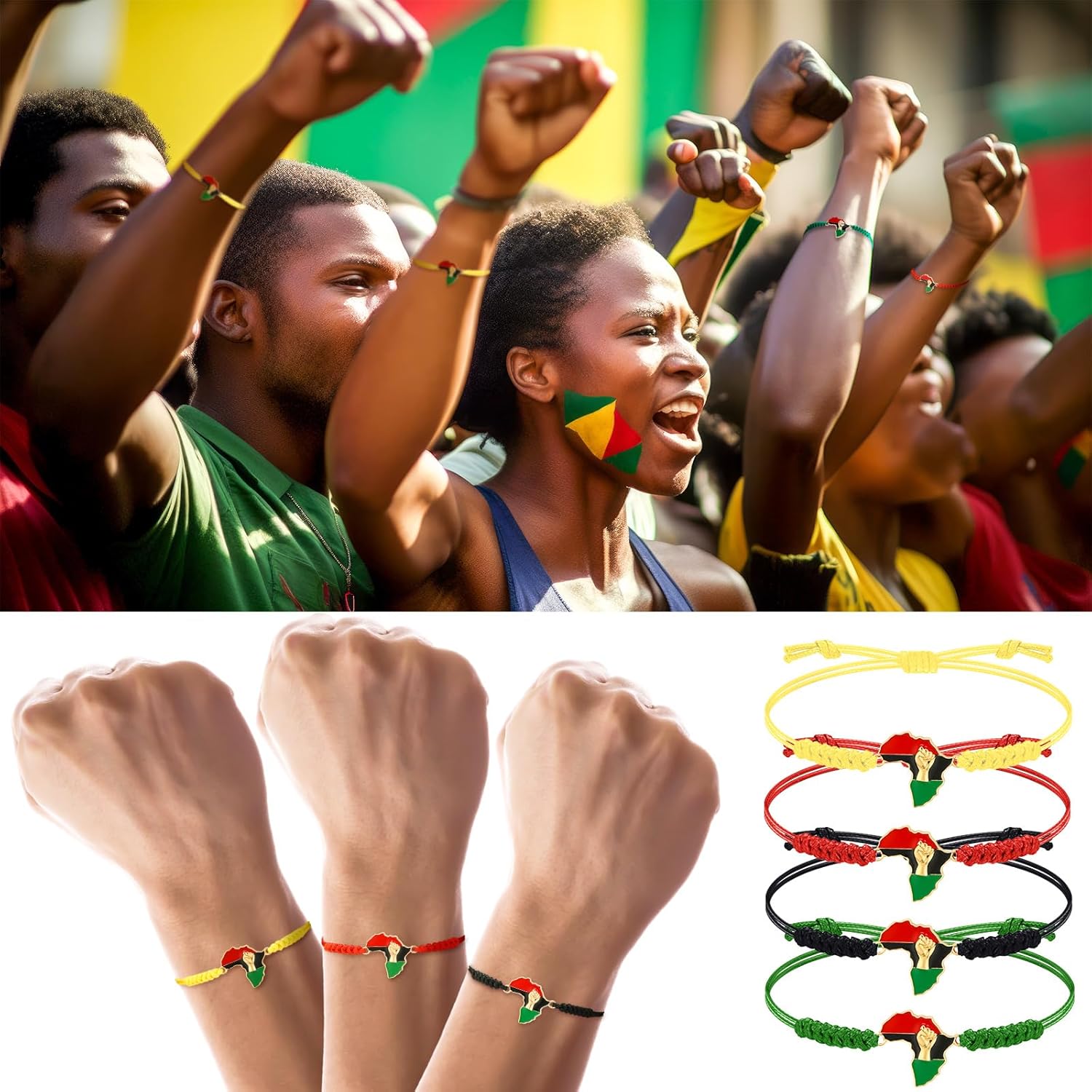 Sasylvia 20/48/100 Pcs Happy Juneteenth Bracelets Bulk Adjustable Cord Stretch 1865 Black African Afro American Independence Day Party Favors Freedom Day Stretch Gifts for Adults Jewelry