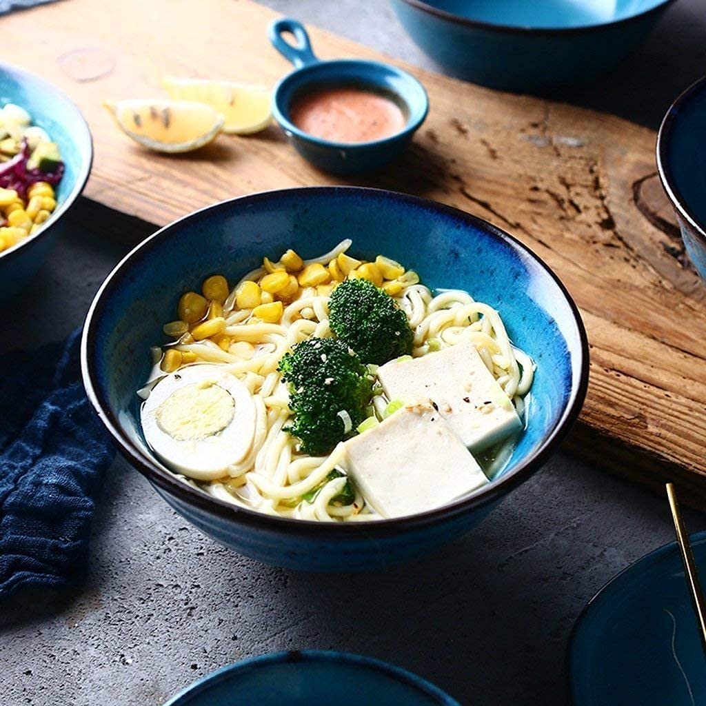 ERoomQ Pasta Bowls Ceramic Creative Ceramics Bowl Retro Noodles Fruit Salad Ramen Soup Large Bowl Salad Bowls,