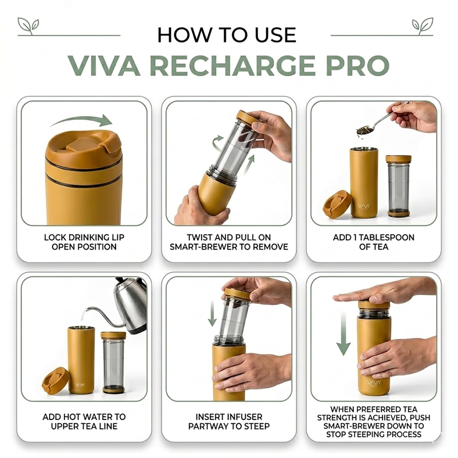 VIVA Recharge Botella Infusora de Te de Viaje, Acero, 460 ml | Acero inoxidable aislado con infusor extraible, hermetica, te en hojas frio o caliente